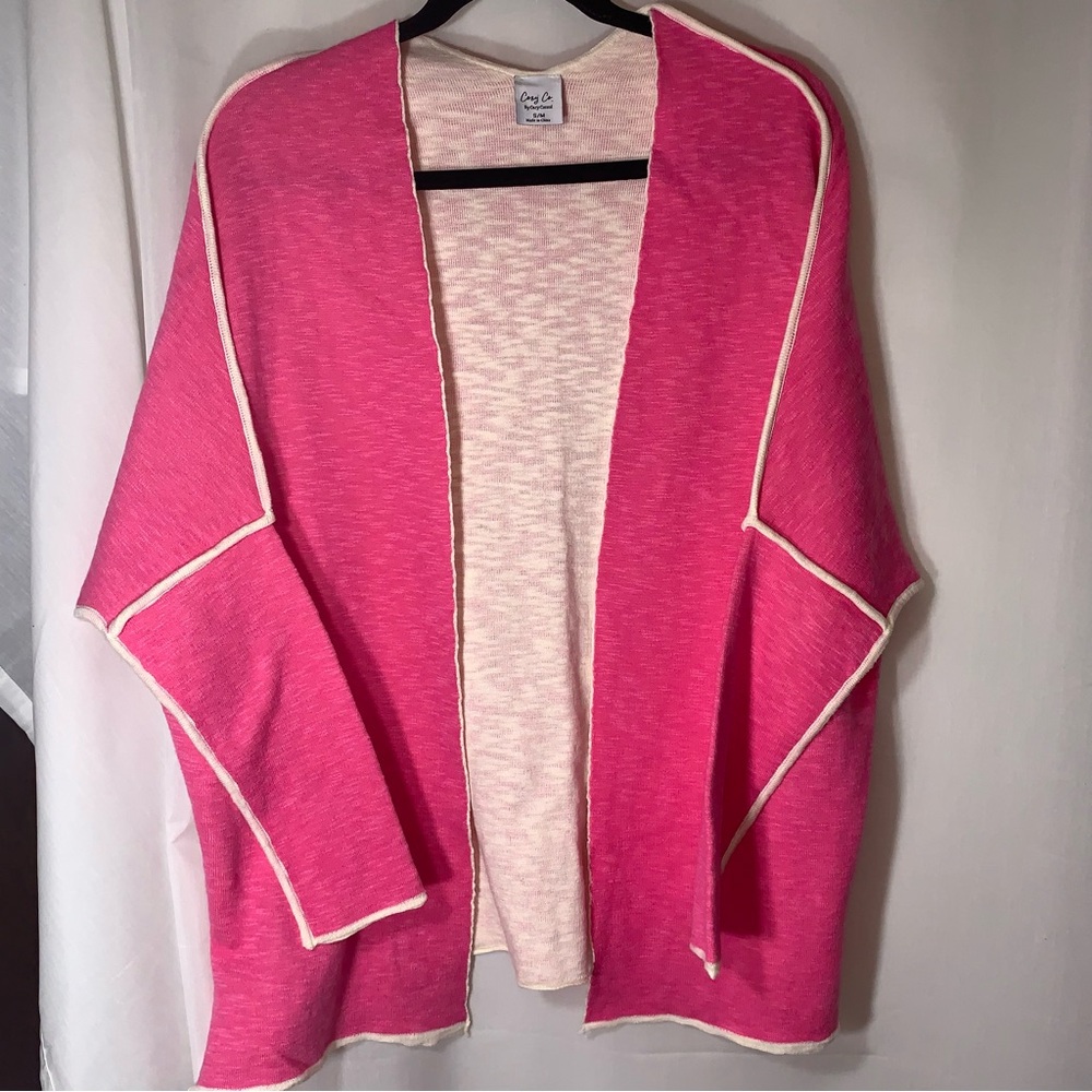 Cozy Casual Pink Cardigan Sweater with White Trim